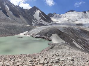 Glacial lake in the upper Adygene basin, photographed for the ISOC Kyrgyz Chapter expedition report in 2023.