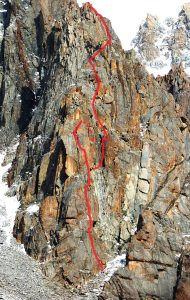 Tower Gymnica 2000 with the first-ascent route annotations