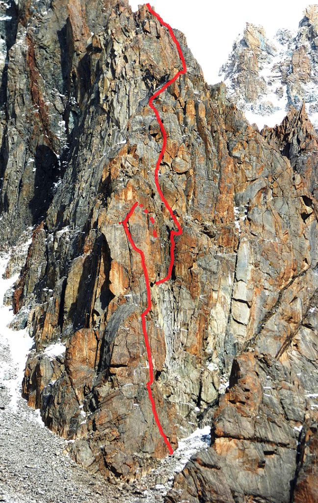 Tower Gymnica 2000 with the first-ascent route annotations