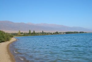Issyk-Kul shoreline looking towards Tamchy on the northern shore.