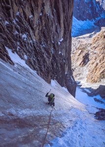 Climbing a couloir on Baichechekey Peak