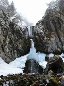Teketor Waterfall in Alamedin Gorge in winter